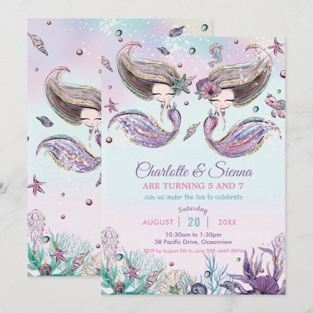 Sjöjungfruar under Sea Twillingar Sisters Birthday Inbjudningar (Fram/baksida)