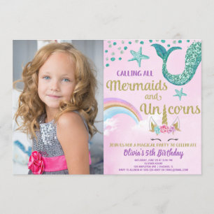 Sjöjungfruar & Unicorns rosa guld-födelsedagsfoto Inbjudningar