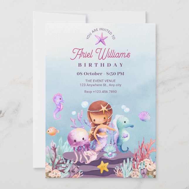 Sjöjungfrubirthday-inbjudan under havet inbjudningar (Framsida)