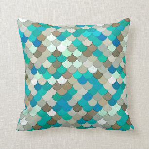 Sjöjungfrufjäll, turkos, Aqua, Taupe & kräm Kudde