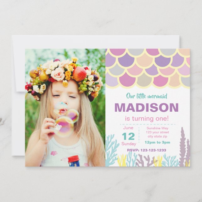 Sjöjungfrufödelsedaginbjudan med fotoet inbjudningar (Framsida)