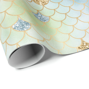 Sjöjungfrun Aqua Blue Mint Guld Glitter Presentpapper