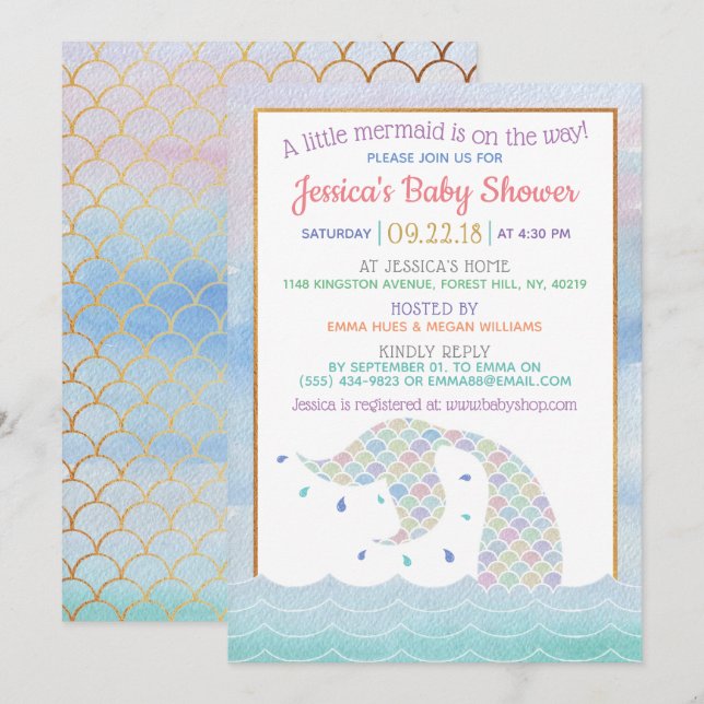 Sjöjungfrun Baby Shower för chic Rainbow Watercolo Inbjudningar (Fram/baksida)
