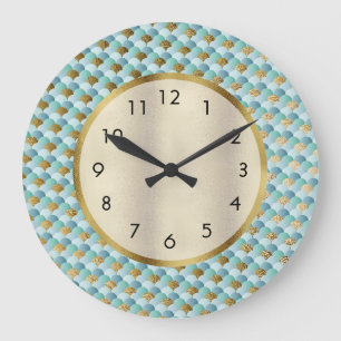Sjöjungfrun Cute Aqua Teal Guld skalor Stor Klocka