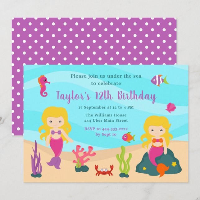 Sjöjungfrun Cute Blonde Hair Birthday Inbjudningar (Fram/baksida)