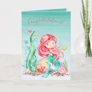 Sjöjungfrun för färgen Cute Watercolor under Sea B Kort