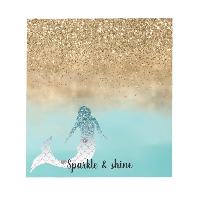 Sjöjungfrun Girly Aqua Watercolor Guld Glitter Anteckningsblock (Framsida)