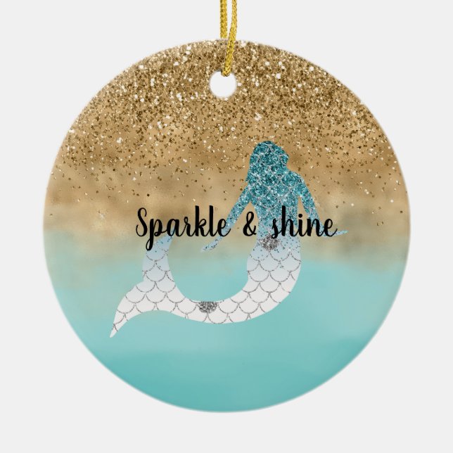 Sjöjungfrun Girly Aqua Watercolor Guld Glitter   Julgransprydnad Keramik (Framsidan)