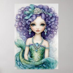 Sjöjungfrun Grönt för Curly Hred Girl Poster