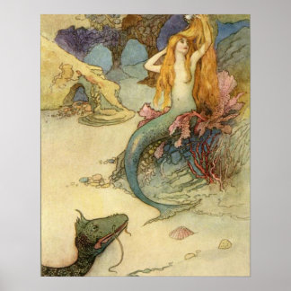 Sjöjungfrun och Dragon med en krigsgåva Poster