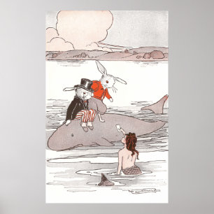 Sjöjungfrun Rabbits Riding Whale Meet Poster