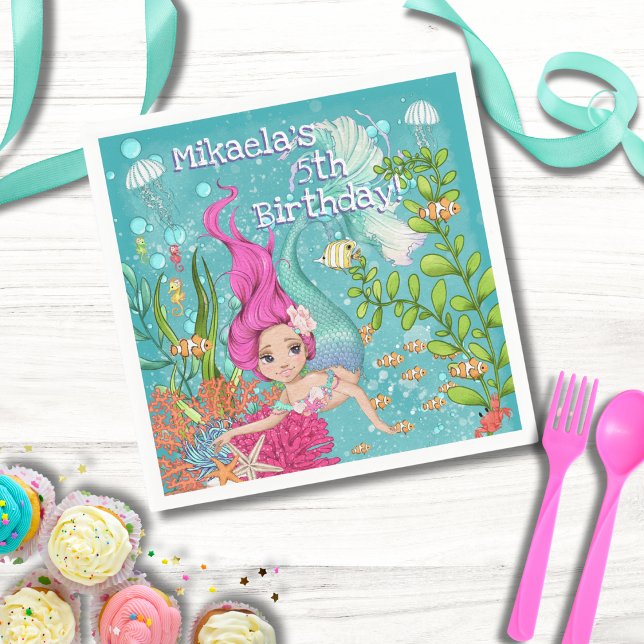 Sjöjungfrun Rosa Hair under havets födelsedag Pappersservett (Skapare uppladdad)