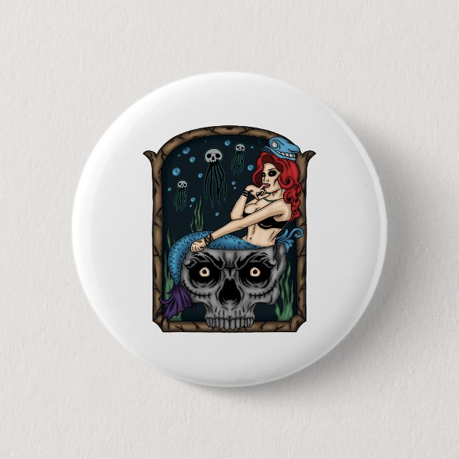 Sjöjungfrun Spooky Halloween Punk Goth Skull Knapp (Framsida)