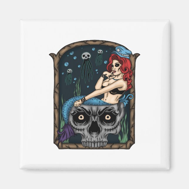 Sjöjungfrun Spooky Halloween Punk Goth Skull Magnet (Framsidan)