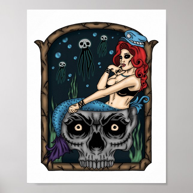 Sjöjungfrun Spooky Halloween Punk Goth Skull Poster (Framsidan)
