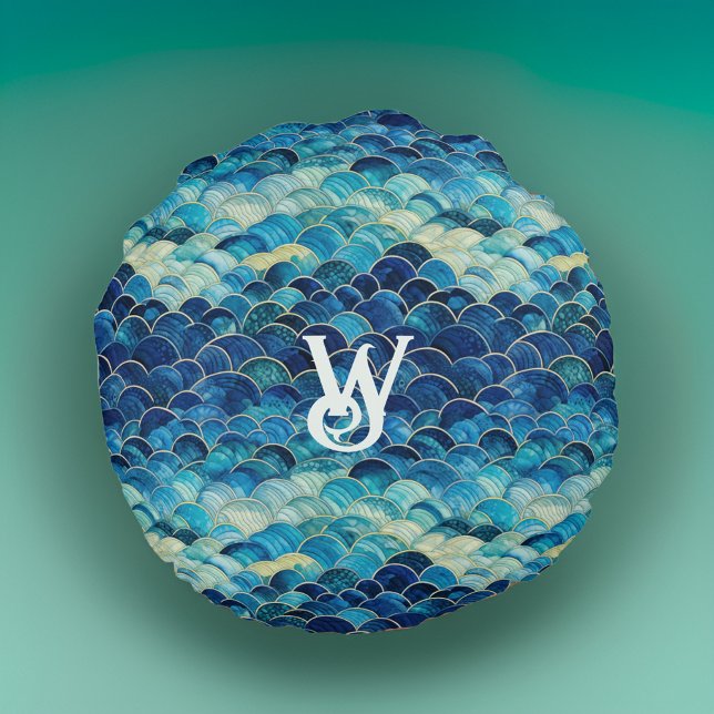Sjöjungfrun Teal Blue Grönt Sea Vågar Scales Monog Rund Kudde (Skapare uppladdad)