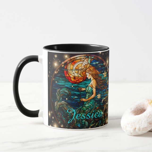 Sjöjungfrun Teal Stached Glass Fantasy Mugg (Med munk)