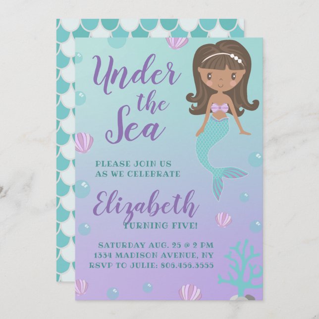 sjöjungfrun "Under havet" Inbjudningar (Fram/baksida)