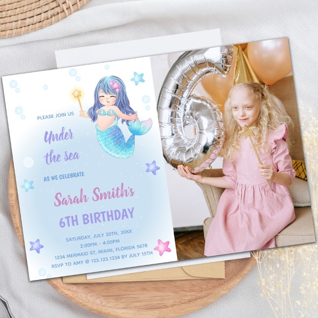 Sjöjungfruns födelsedag - inbjudan med foto (Mermaid Birthday Invitations with photo)