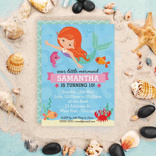 Sjöjungfruns Födelsedagsfest Inbjudningar (Your little sea princess can celebrate her big day with our super cute mermaid birthday invitation.)