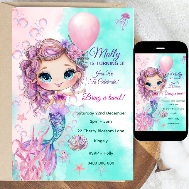 Sjöjungfruns Personlig Bjud in födelsedagsinbjudan Inbjudningar (Personalized Watercolor Mermaid Birthday Invitation | Editable Text | Digital or Printed | Coloring )