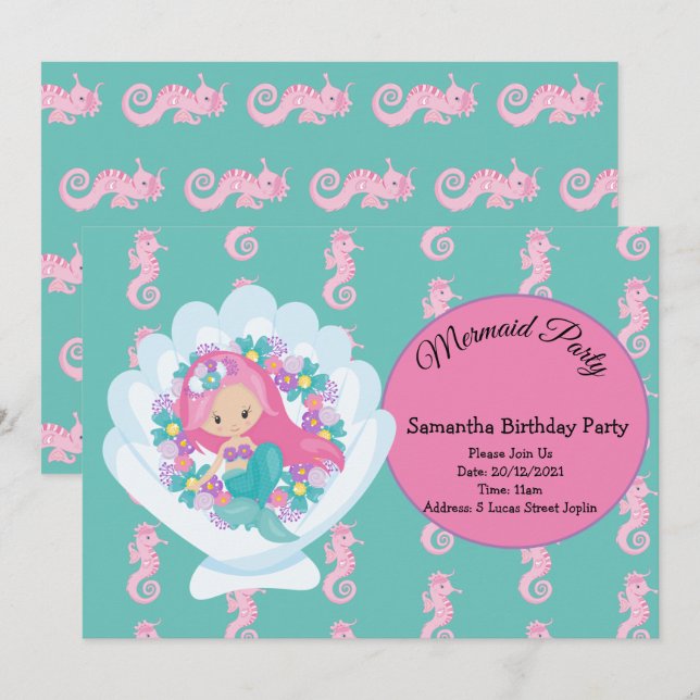 Sjöjungfruns Rosa Lila Födelsedagsfest inbjudan (Fram/baksida)