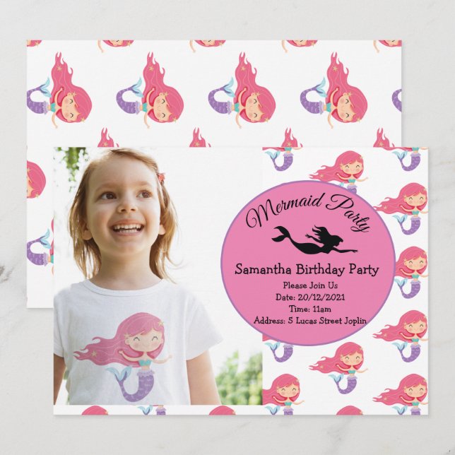 Sjöjungfruns Rosa Lila Födelsedagsfest inbjudan (Fram/baksida)