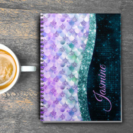 Sjöjungfrusjälv teal silver falsk glittermonogram anteckningsbok