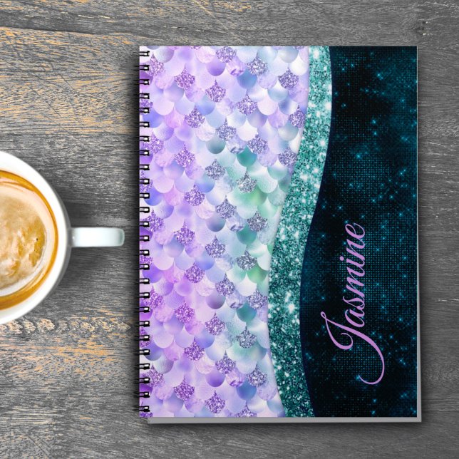 Sjöjungfrusjälv teal silver falsk glittermonogram anteckningsbok (Skapare uppladdad)
