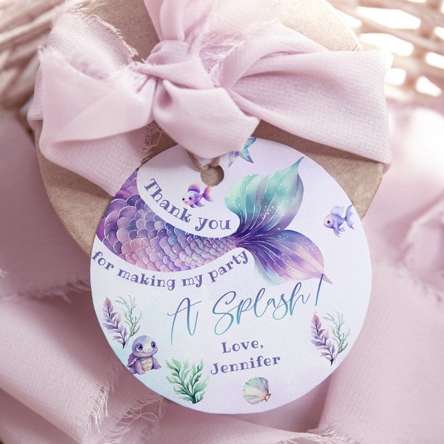 Sjöjungfrustjärt lila födelsedag tack gåvor etiketter (Skapare uppladdad)