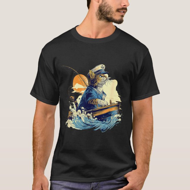Sjökapten Katt Båt Fiske  T Shirt (Framsida)