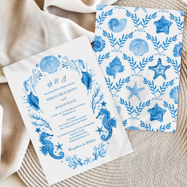 Sjökustens Elegans Blå Kustvattenfärg Bröllop Inbjudningar (Seaside Elegance Blue Coastal Watercolor Wedding Invitation)
