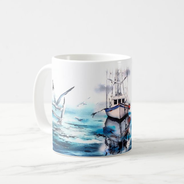 Sjölandskap Boat Birds Kaffemugg (Framsida vänster)