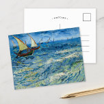 Sjölandskap i Saintes-Maries | Vincent van Gogh Vykort<br><div class="desc">Sjölandskapet i Saintes-Maries (1888) av Vincent van Gogh fångar havets pulserande rörelse längs kusten i Saintes-Maries-de-la-Mer i södra Frankrike. Den här målningen visar Van Goghs energiska penseldrag och djärva använda av färg, som skildrar fiskebåtar vid vatten med rullande vinkarare under ett brinnande himmel. Den dynamiska sammansättningen förmedlar konstnärens djupa koppling...</div>