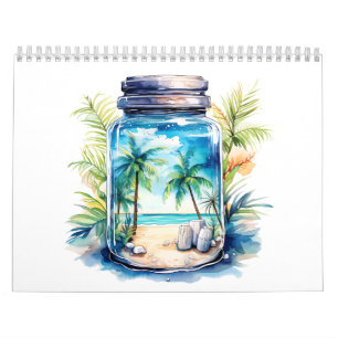 Sjölandskap och kokosnöt träd i ett glas burk kalender