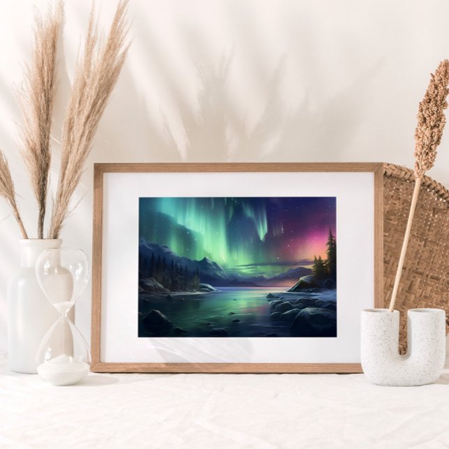 Sjölandskapet Mountain Watercolor i norra Ljus Poster (An evening seascape and the celestial dance of the Northern Lights over majestic mountains.)