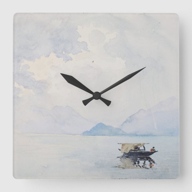 Sjölandskapet Rain Bellagio Burr Fine Art Watercol Fyrkantig Klocka (Framsida)