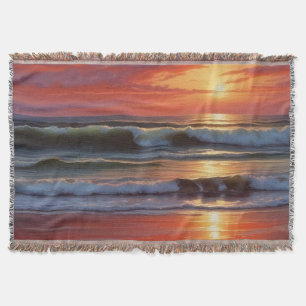 Sjölandskapet Red Sunset Ocean Painting Artwork Filt