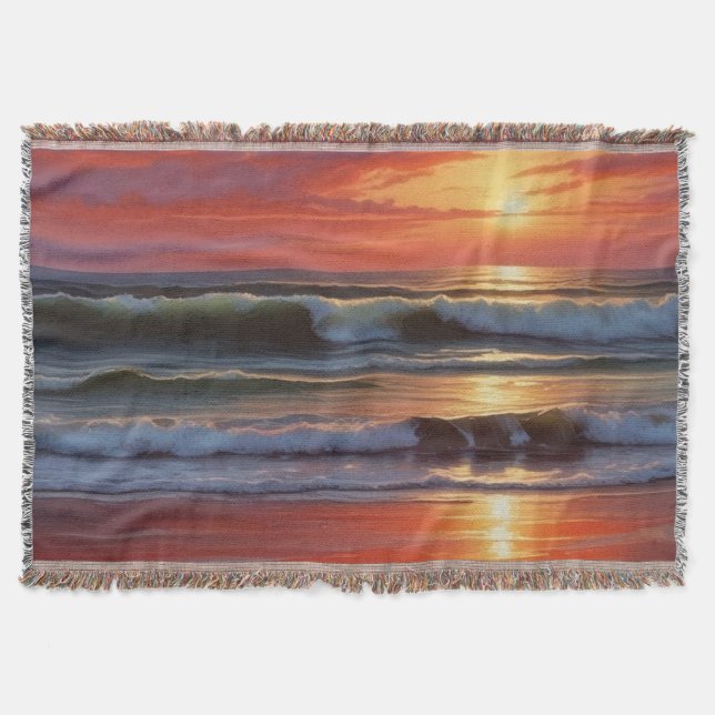 Sjölandskapet Red Sunset Ocean Painting Artwork Filt (Framsidan)