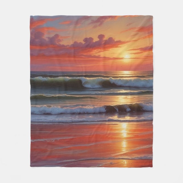 Sjölandskapet Red Sunset Ocean Painting Artwork Fleecefilt (Framsidan)
