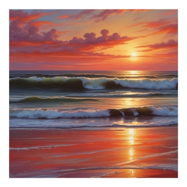 Sjölandskapet Red Sunset Ocean Painting Artwork Fototryck (Framsidan)