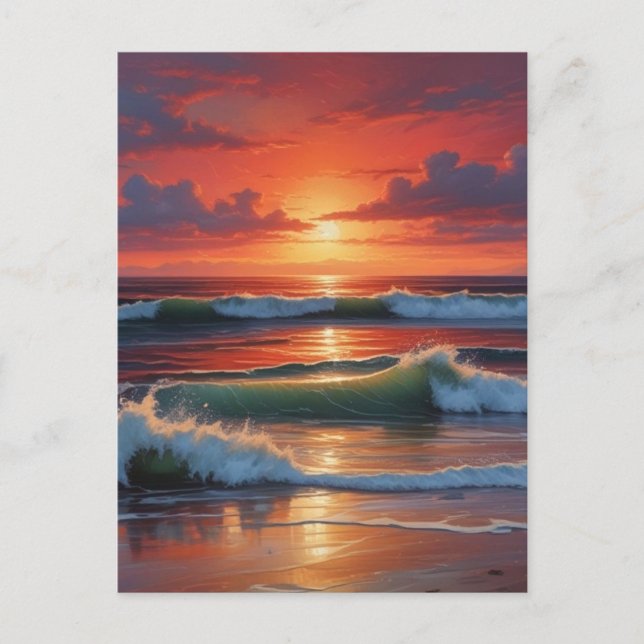 Sjölandskapet Red Sunset Ocean Painting Artwork Helg Vykort (Framsida)