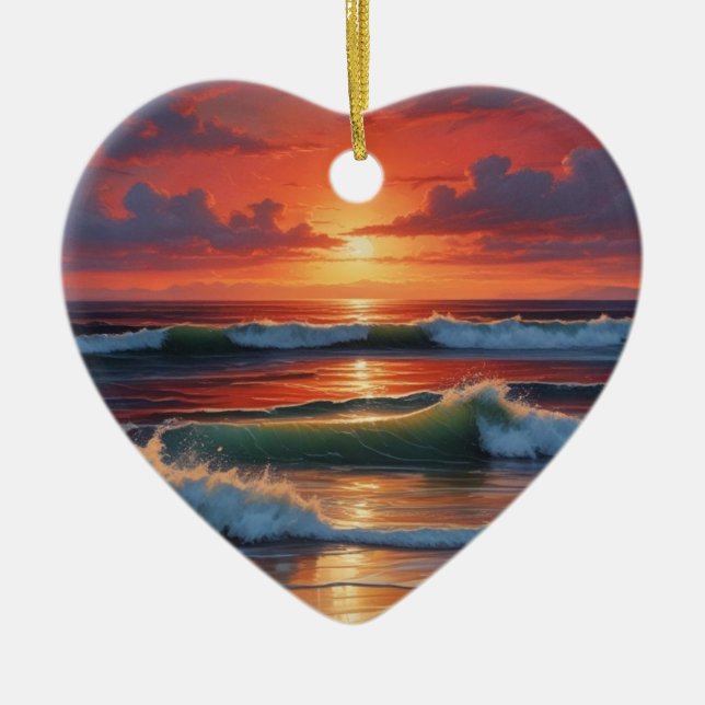 Sjölandskapet Red Sunset Ocean Painting Artwork Julgransprydnad Keramik (Framsidan)