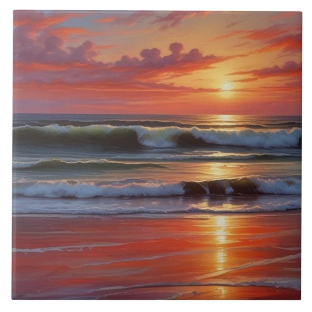 Sjölandskapet Red Sunset Ocean Painting Artwork Kakelplatta (Framsidan)