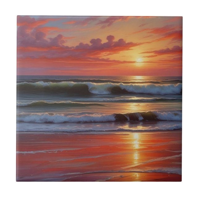 Sjölandskapet Red Sunset Ocean Painting Artwork Kakelplatta (Framsidan)