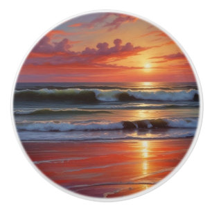 Sjölandskapet Red Sunset Ocean Painting Artwork Knopp