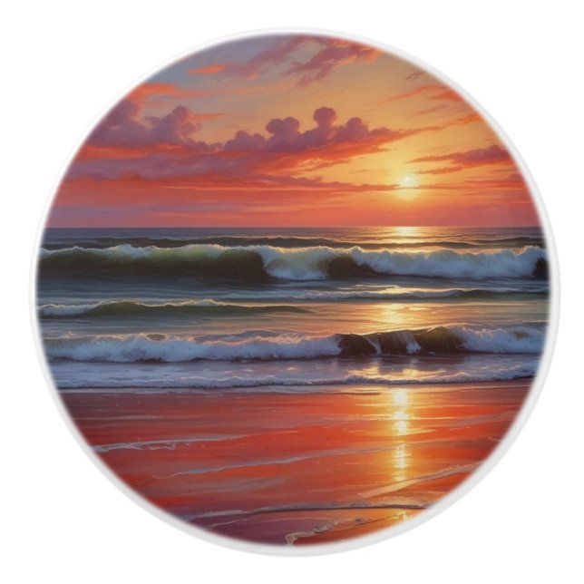 Sjölandskapet Red Sunset Ocean Painting Artwork Knopp (Framsidan)
