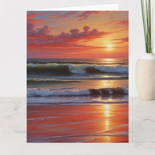 Sjölandskapet Red Sunset Ocean Painting Artwork Kort (Framsida)