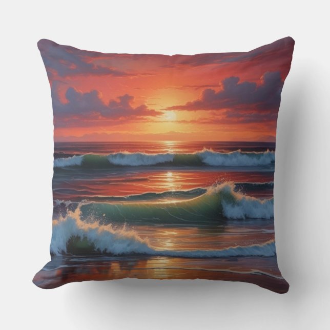 Sjölandskapet Red Sunset Ocean Painting Artwork Kudde (Framsida)