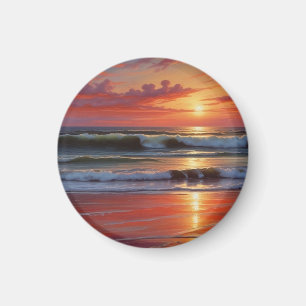 Sjölandskapet Red Sunset Ocean Painting Artwork Magnet